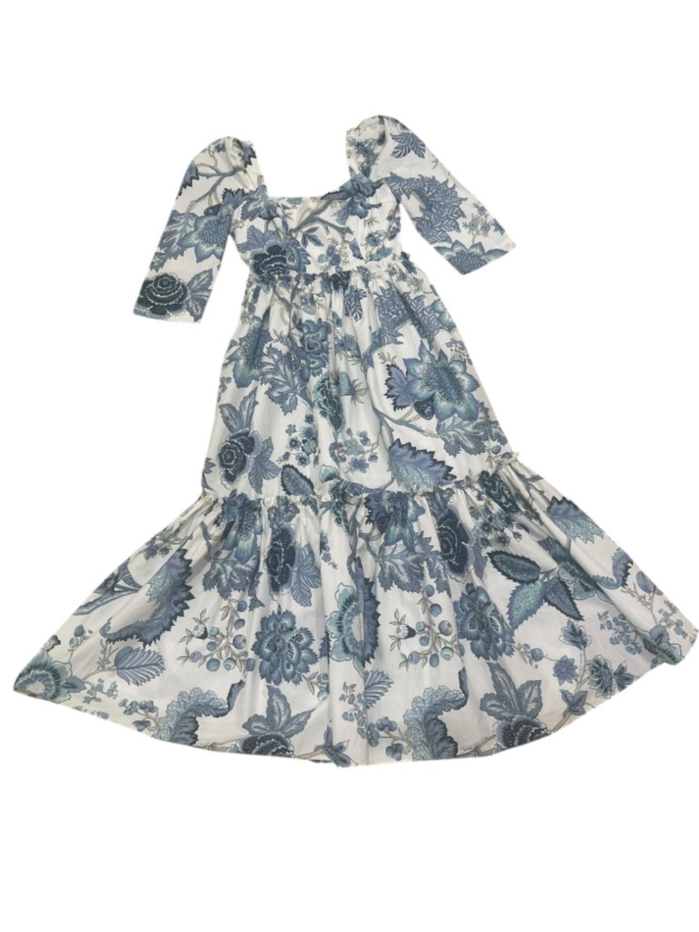 Cara Cara Blue & Cream Floral Square-Neck Midi Dress puff sleeve ruffle hem 2 - Picture 5 of 14